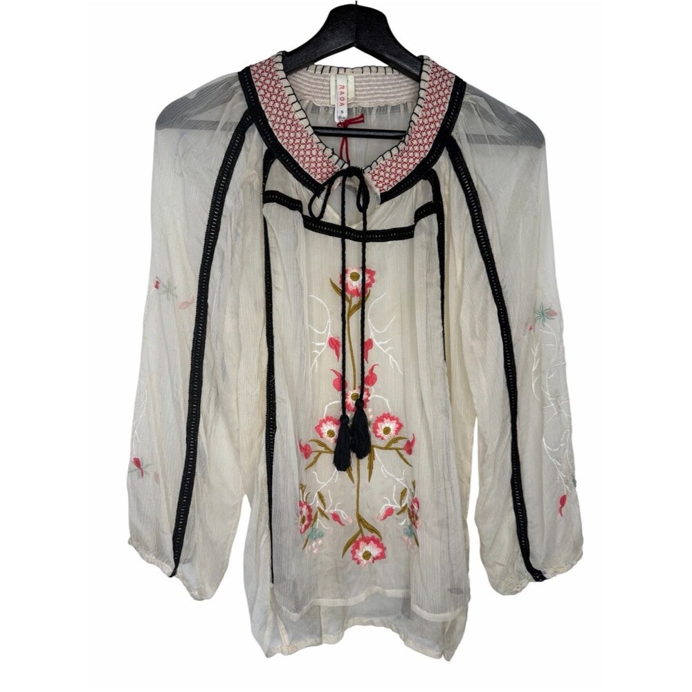 Anthropologie RAGA Floral Embroidered Sheer Blouse Top size Small Boho Festival